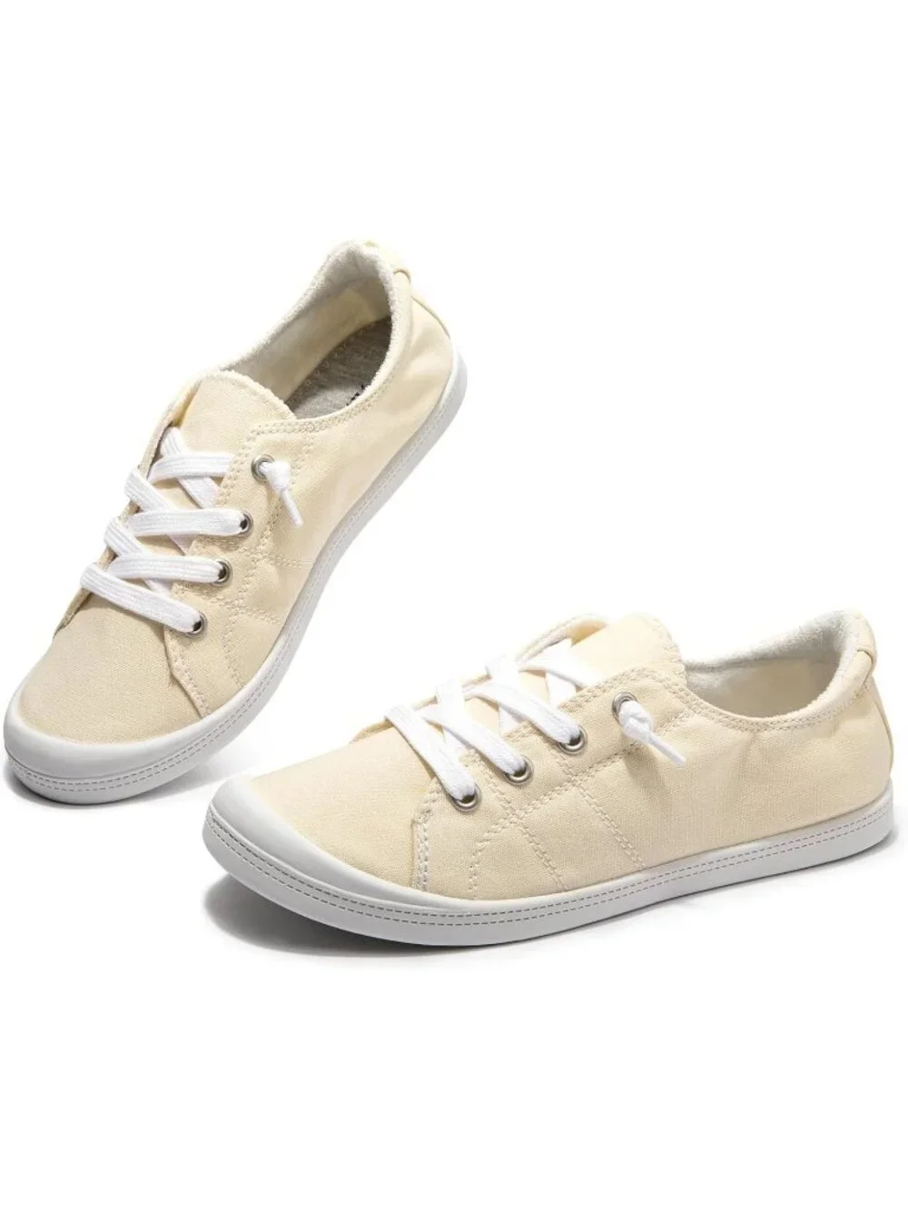 Women's Beige Canvas Low Top Casual Classic Non Slip Rubber Outsole Flat Sneaker